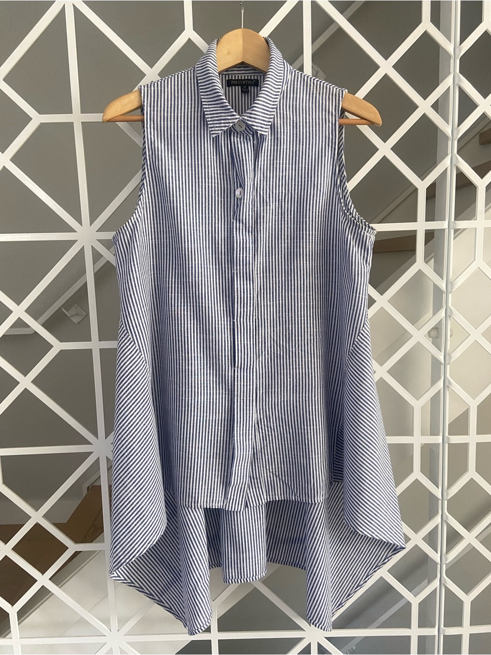 FOR CYNTHIA Linen Cotton Striped Shirt Medium Blue White Fishtail Hem Button Up - Picture 2 of 8